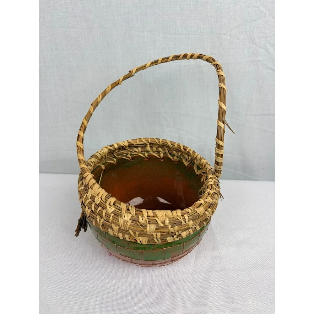 Handmade Glazed Pottery Basket Bowl Woven Pine Needle Rim Handle Green Brown